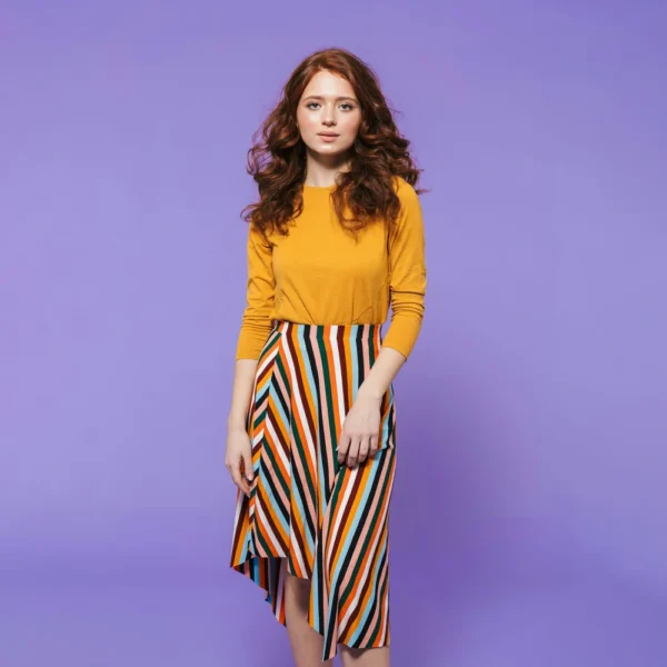 Orange Sweatshirt and Strip Skirt