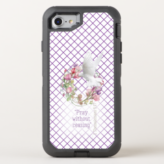 Otter Box Defender iPhone Christian phone case with girly mauve linear grid, pastel floral wreath, scripture and dove design
