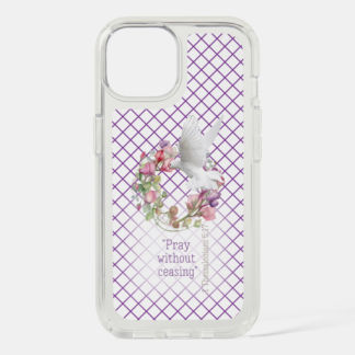 Speck Presidio Clear Christian phone case with girly mauve linear grid, pastel floral wreath, scripture and dove design.