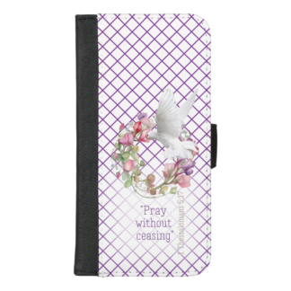 Universal faux leather Christian wallet cover with girly mauve linear grid, pastel floral wreath, scripture and dove design.