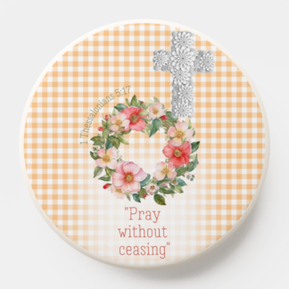 Girly Christian PopSocket/Mag Safe PopSocket with orange check with cross, rose wreath and scripture accents.