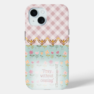 Girly Case-Mate iPhone Christian phone case with pastel pink plaid/blue floral, repeat gold dove, scripture design.