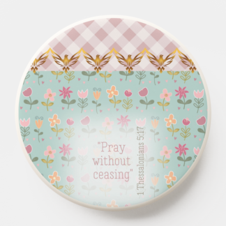 Girly Christian PopSocket/Mag Safe PopSocket with pastel pink plaid/blue floral, repeat gold dove, scripture design.