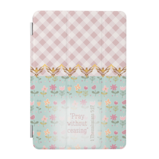Girly Custom iPad Smart Christian case with pastel pink plaid/blue floral, repeat gold dove, scripture design