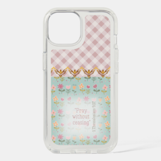 Girly Speck Presidio Clear Christian iPhone case with pastel pink plaid/blue floral, repeat gold dove, scripture design.