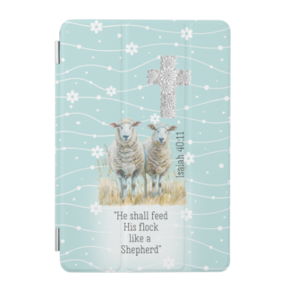 Girly Custom iPad Smart Christian case with with sheep on a blue floral, scripture, floral cross design.