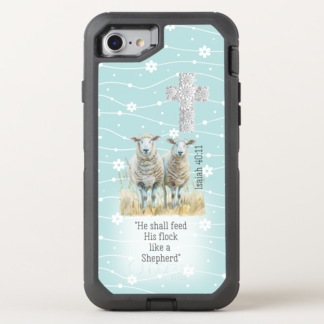 Girly Otter Box Defender iPhone Christian phone case with with faithful sheep on a blue floral, scripture, floral cross design.