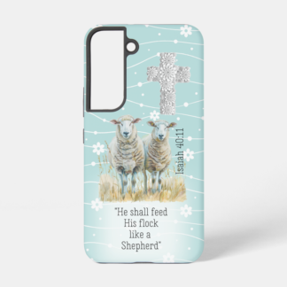 Girly Samsung/iPhone tough Christian phone case with sheep on a blue floral, scripture, floral cross design.