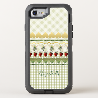 Otter Box Defender iPhone Christian phone case with green check/plaid, custom name, bee, strawberry, gold heart, sparkle line motif.