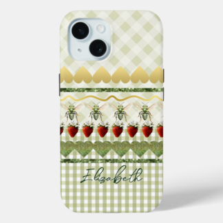 Case-Mate iPhone Christian phone case with green check/plaid, custom name, bee, strawberry, gold heart, sparkle line motif.
