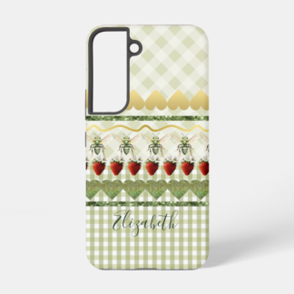 Samsung/iPhone Christian phone case with green check/plaid, custom name, bee, strawberry, gold heart, sparkle line motif.