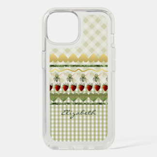 Speck Presidio Clear Christian iPhone case with green check/plaid, custom name, bee, strawberry, gold heart, sparkle line motif