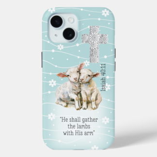 Girly Case-Mate tough iPhone Christian phone case with adorable lambs on a blue floral, scripture, floral cross design.