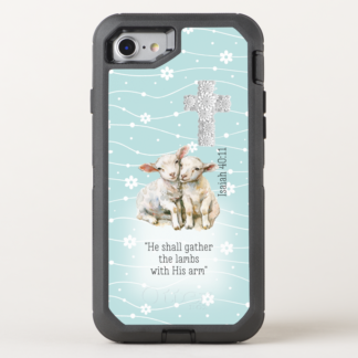 Girly Otter Box Defender iPhone Christian phone case with adorable lambs on a blue floral, scripture, floral cross design