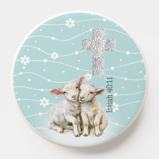 Girly Christian PopSocket/MagSafe PopSocket with adorable lambs on a blue floral, scripture, floral cross design.