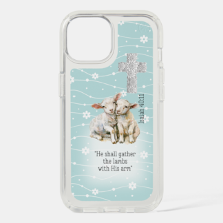 Girly Speck Presidio Clear Christian phone case with adorable lambs on a blue floral, scripture, floral cross design.