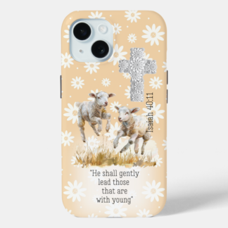 Cute Case-Mate tough iPhone Christian phone case with lambs on a peach floral, scripture, floral cross design.