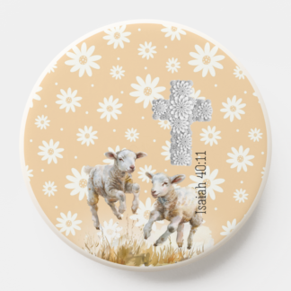 Cute Christian PopSocket/Mag Safe PopSocket with lambs on a peach floral, scripture, floral cross design