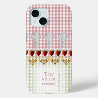 Cute Case-Mate iPhone Christian phone case with pastel green/pink check, repeat floral cross and scripture design.