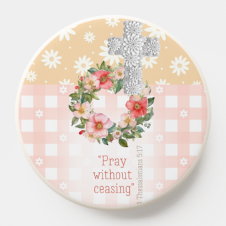 Cute Christian Pop Socket/Magsafe PopSocket with pink/peach floral, rose wreath, scripture and symbolic cross design.