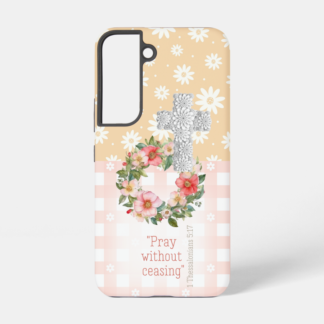 Cute Samsung/iPhone tough Christian phone case with pink/peach floral, rose wreath, scripture and symbolic cross design.