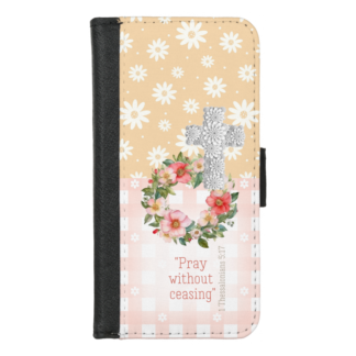 Cute Universal faux leather Christian wallet cover with pink/peach floral, rose wreath, scripture and symbolic cross design.