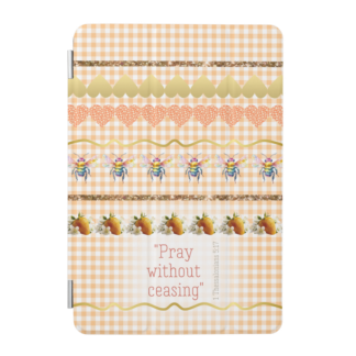 Custom iPad Smart Christian case with orange check, scripture, bee, gold/orange heart, sparkle line, strawberry design.