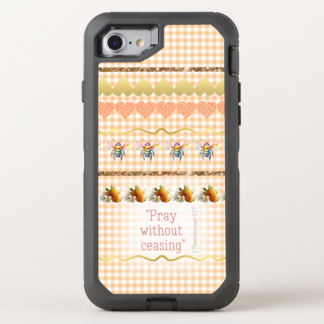 Otter Box Defender iPhone Christian phone case with orange check, scripture, bee, gold/orange heart, sparkle line, strawberry design.