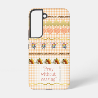 Samsung/iPhone Christian phone case with orange check, scripture, bee, gold/orange heart, sparkle line, strawberry design.