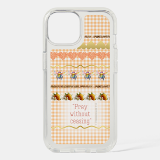 Speck Presidio Clear Christian iPhone case with orange check, scripture, bee, gold/orange heart, sparkle line, strawberry design.