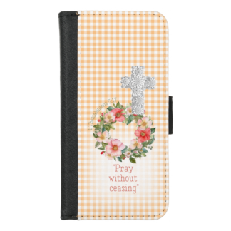 Girly Universal faux leather Christian wallet cover with orange check with cross, rose wreath and scripture accents.