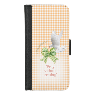 Coquette Universal faux leather Christian wallet cover with orange check with green plaid bow, dove and scripture details.
