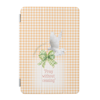 Coquette Custom iPad Smart Christian case with orange check with green plaid bow, dove and scripture details.