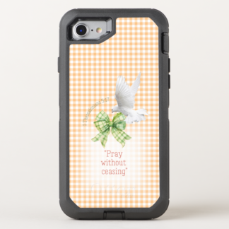 Coquette Otter Box Defender iPhone Christian phone case with orange check with green plaid bow, dove and scripture details.