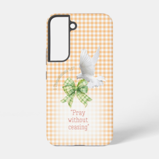 Coquette Samsung/iPhone Christian phone case with orange check with green plaid bow, dove and scripture details.