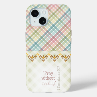 Adorable Case-Mate iPhone Christian phone case with pastel/light green plaid, scripture, repeat gold dove motif.