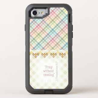 Adorable Otterbox Defender iPhone Christian phone case with pastel/light green plaid, scripture, repeat gold dove motif