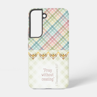 Adorable Samsung/iPhone Christian phone case with pastel/light green plaid,
