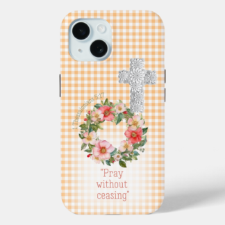 Girly Case-Mate iPhone Christian phone case with orange check with cross, rose wreath, and scripture accents.