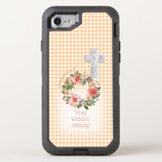 Girly Otter Box Defender iPhone Christian phone case with orange check with cross, rose wreath and scripture accents.