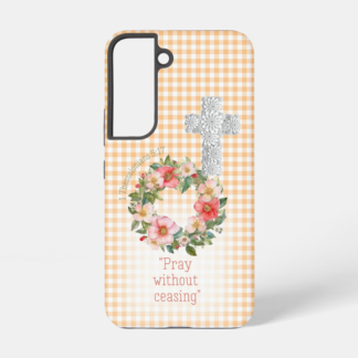 Girly Samsung/iPhone Christian phone case with orange check with cross, rose wreath and scripture accents