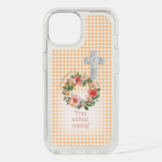Girly Speck Presidio Clear Christian iPhone case with orange check with cross, rose wreath and scripture accents.