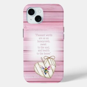 Custom Christian Case-Mate iPhone case with inspirational faux pink wood, heart, rainbow bee and scripture design