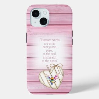 Custom Christian Case-Mate iPhone cover with inspirational faux pink wood, heart, rainbow bee and scripture design