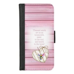 Custom Christian universal faux leather wallet phone case with faux pink wood, heart, rainbow bee and scripture design