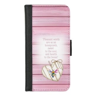 Custom Christian universal faux leather wallet phone cover with faux pink wood, heart, rainbow bee and scripture design