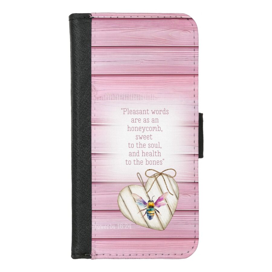Custom Christian universal faux leather wallet phone cover with faux pink wood, heart, rainbow bee and scripture design