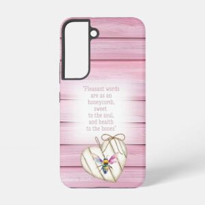 Custom Christian tough glossy phone case (Samsung & iPhone) with faux pink wood, heart, rainbow bee and scripture design