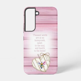 Custom Christian tough glossy phone cover (Samsung & iPhone) with faux pink wood, heart, rainbow bee and scripture design