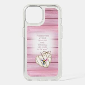 Custom Christian Speck Presidio Clear iPhone case with inspirational faux pink wood, heart, rainbow bee and scripture design